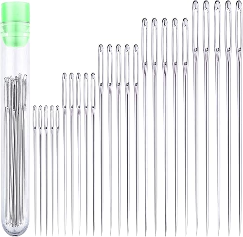 25 agujas grandes de costura para ojos, 5 tamaños, agujas de coser a mano de ojo grande en tubo de almacenamiento transparente