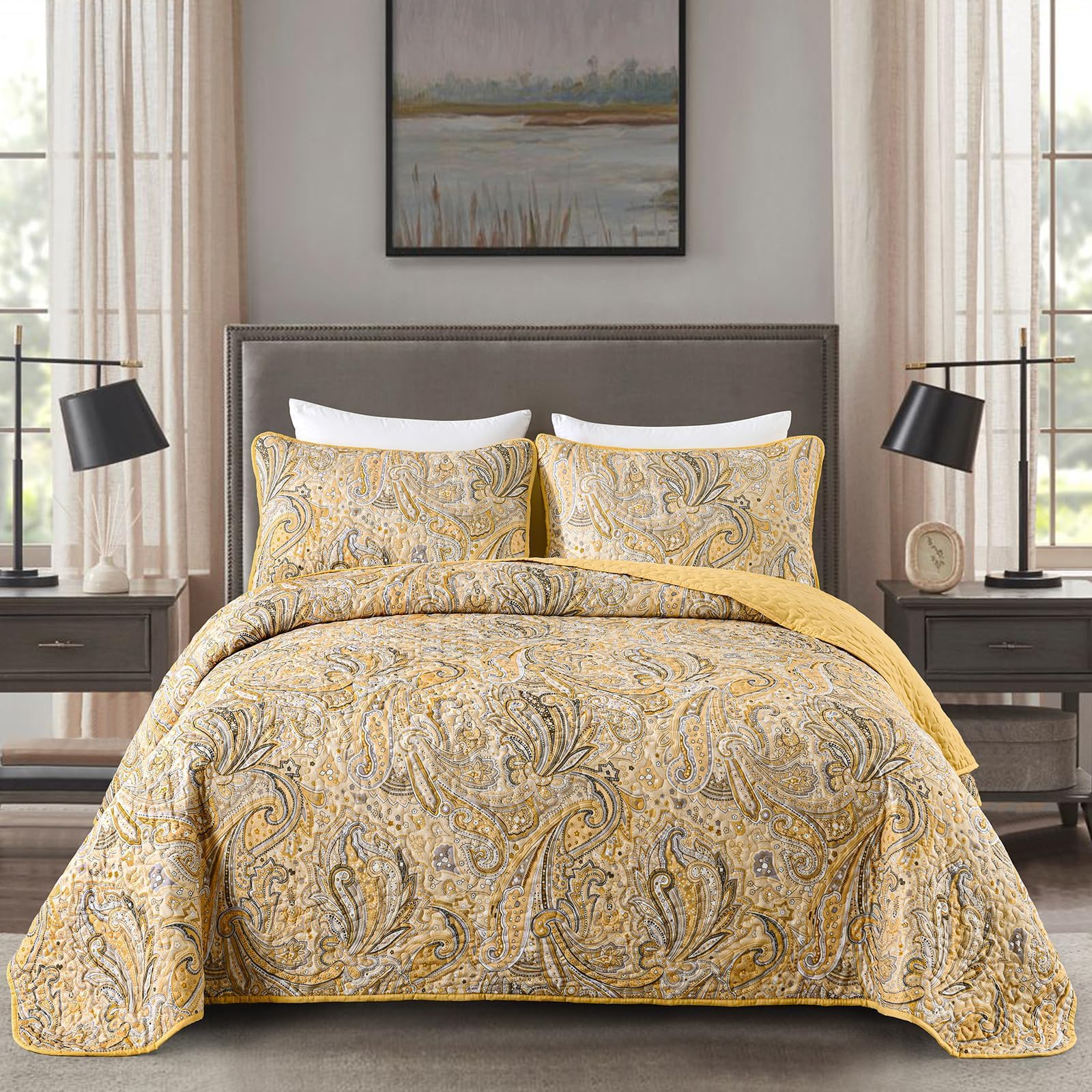 DJY Yellow Paisley Quilt Set King Size Boho Quilt Bedspread Set 3 Pieces, Soft Lightweight Paisley Floral Pattern Coverlet Bedding Set for All Season, 110''x90''