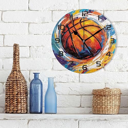 Miniatura 3 de Nesatuwa Reloj de pared de baloncesto, pintura de 10 pulgadas, silencioso, sin tictac, de cuarzo, funciona con pilas, redondo, digital, fácil de
