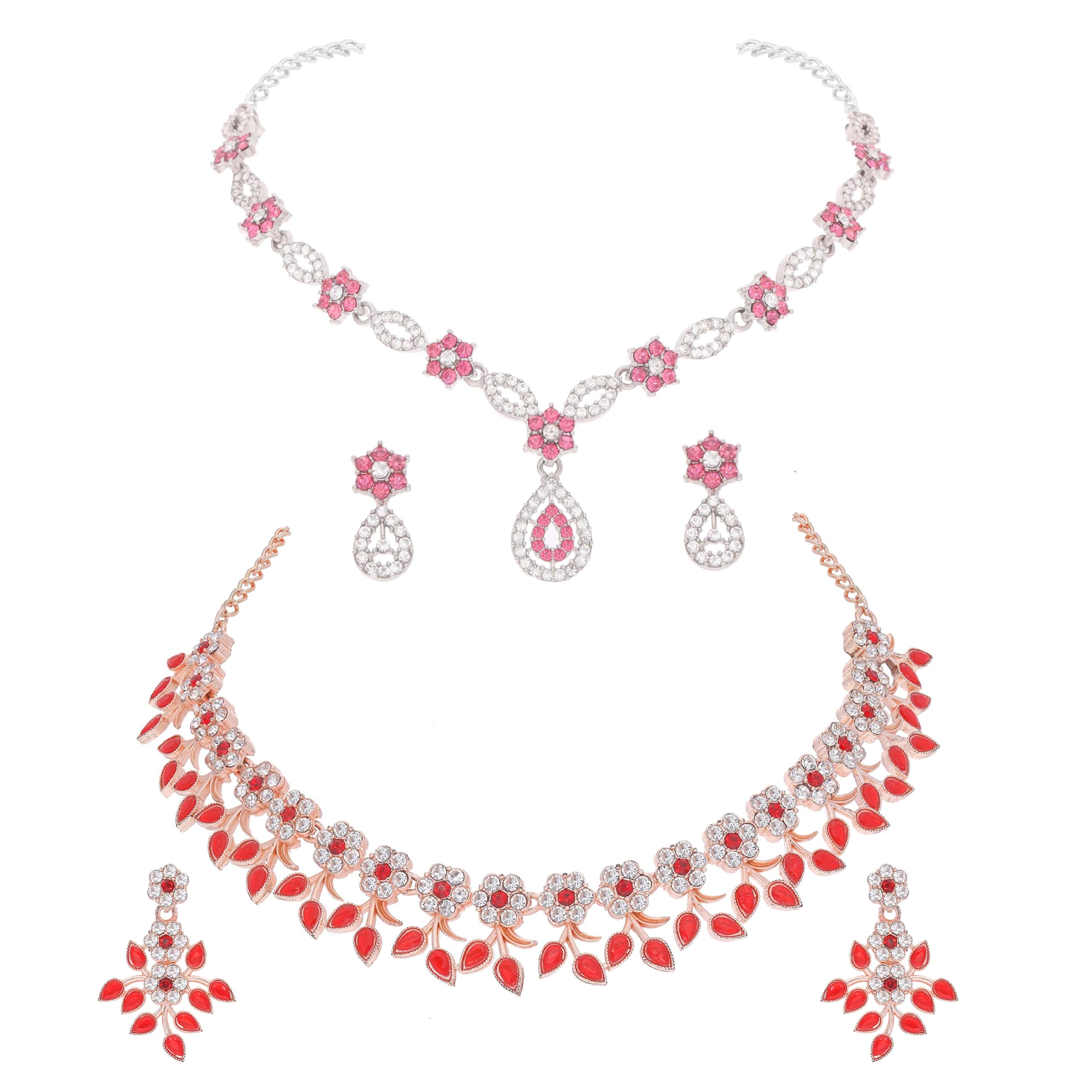 Brado Jewellery Rose Gold & Silver Plated Brass AD Stone Studded Choker Necklace Jewellery set with Beautiful Matching Earring for Women and Girls - Jewelry Set for Evening Glam (Red & Babypink) (B0D8FQ2LPQ) Amazon Price History, Amazon Price Tracker