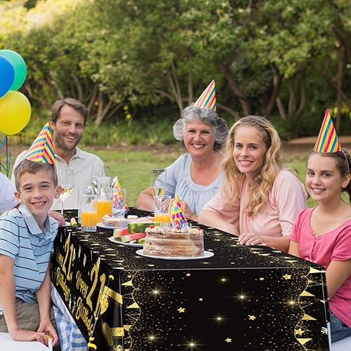 Miniatura 7 de durony Paquete de 2 manteles de plástico para cumpleaños número 21 color negro dorado impermeable rectangular para fiestas en interiores o