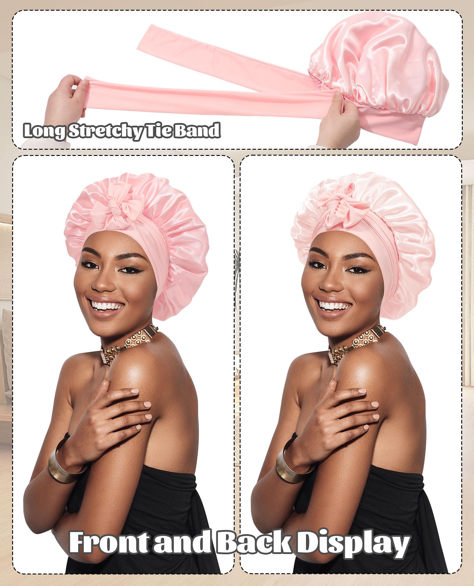Satin Bonnet Silk Bonnet for Sleeping Silk Sleep Cap Double Layer Hair Bonnet with Elastic Tie Band for Curly Hair Night Cap: Apricot Powder+Champagne