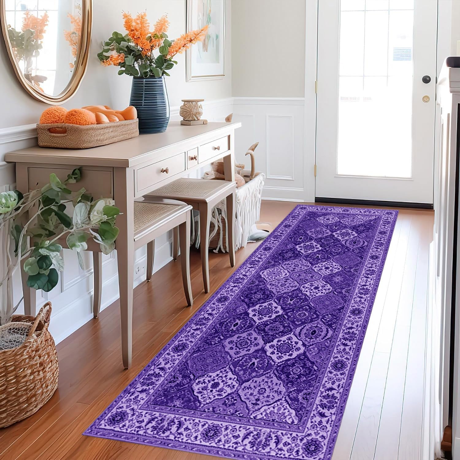 Anro Tapis de couloir, de cuisine, antidérapant, lavable, anti-salissures, violet, 60 x 120 cm, vendu au mètre, pour couloir, salon, chambre à coucher, cuisine