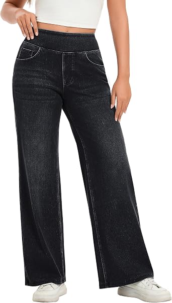 Hatant Womens Pull-On Wide Leg Jeans, High Waisted Stretch Denim Pants with Elastic Waist and Pockets