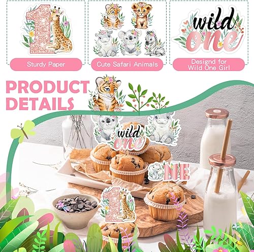 Miniatura 3 de 48 adornos para cupcakes Wild One, decoración para el primer cumpleaños de niña Wild One, decoración de cumpleaños para niña, temática de safari en