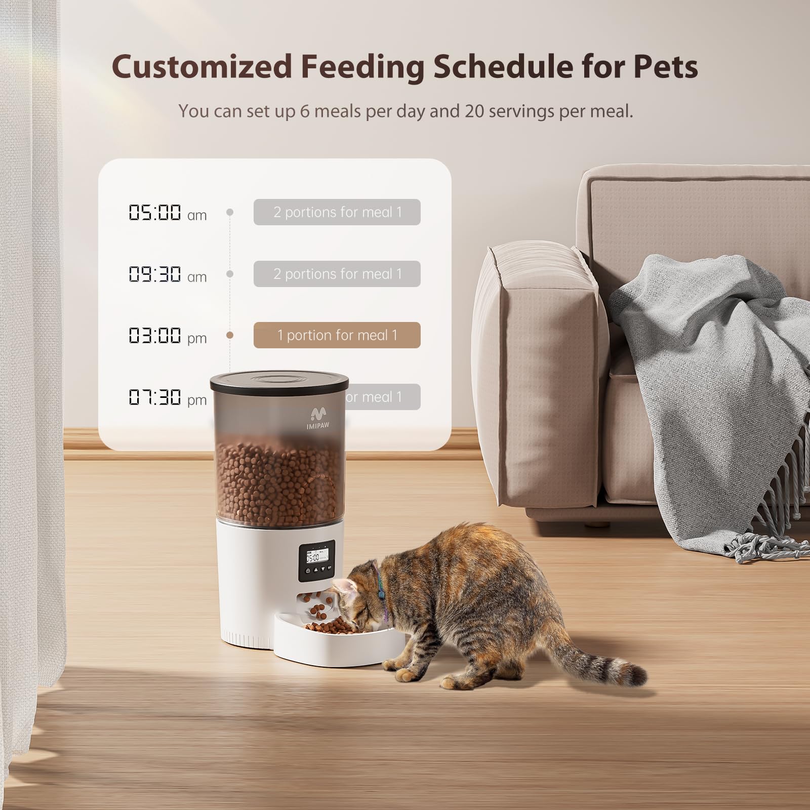 IMIPAW Automatic Cat Feeders, 5L Large Capacity, Timed Feeding Dry Food, Dual Power Design, Programmable Portion Size, 1-6 Meals Per Day, with Desiccant Packet, Suitable for Small Pets Food Dispenser view 2