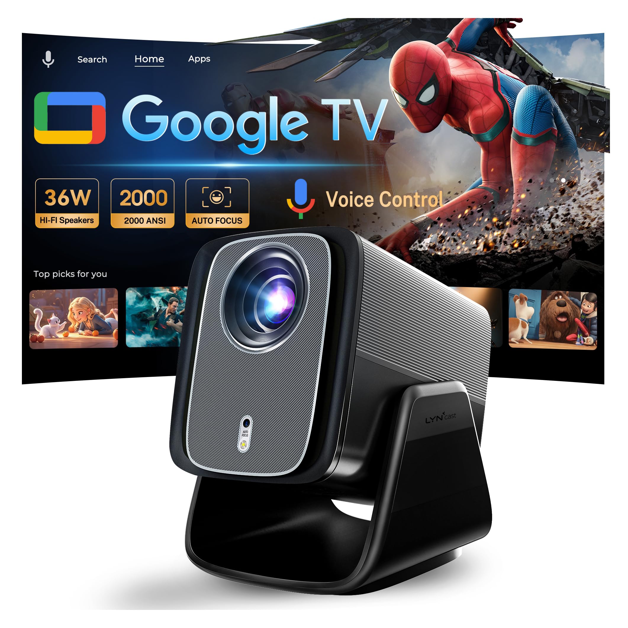 Proiettore Smart GTV 4K Support 2000 ANSI 1080P Nativo Autofocus AI HDR10 | Proiettore Portatile con Controllo Vocale, Messa a Fuoco Automatica IA, Dolby Audio 36W, Wi-Fi e Bluetooth