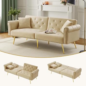 BTM Modern 2 Seater Sofa Bed Velvet Convertible Folding Sofa Bed Double for Small Spaces Sleeper Couch for Living Room Beige