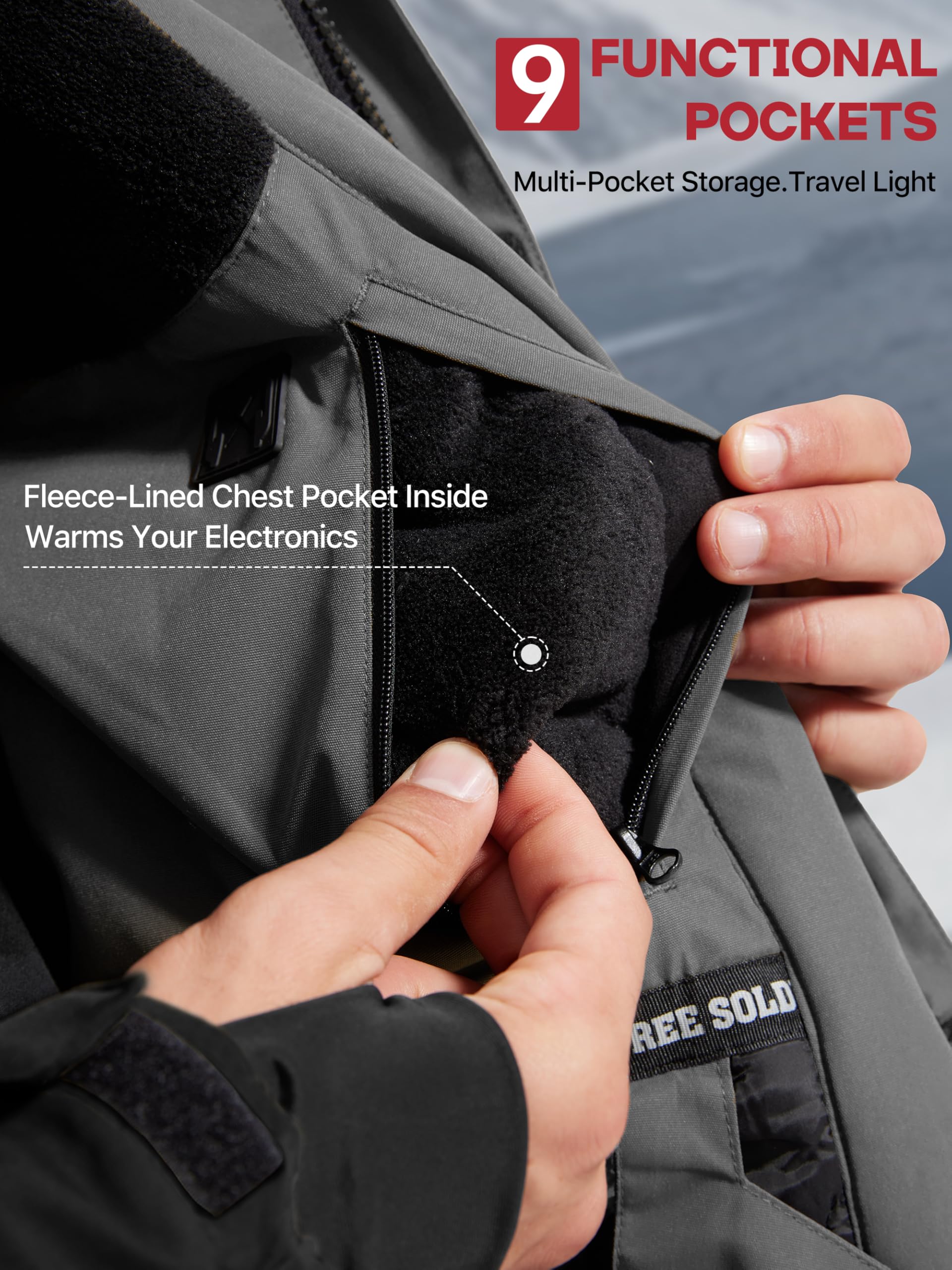 FREE SOLDIER Chaqueta de esquí impermeable para hombre con forro polar cálido cuello de nieve de invierno con capucha y costuras totalmente selladas