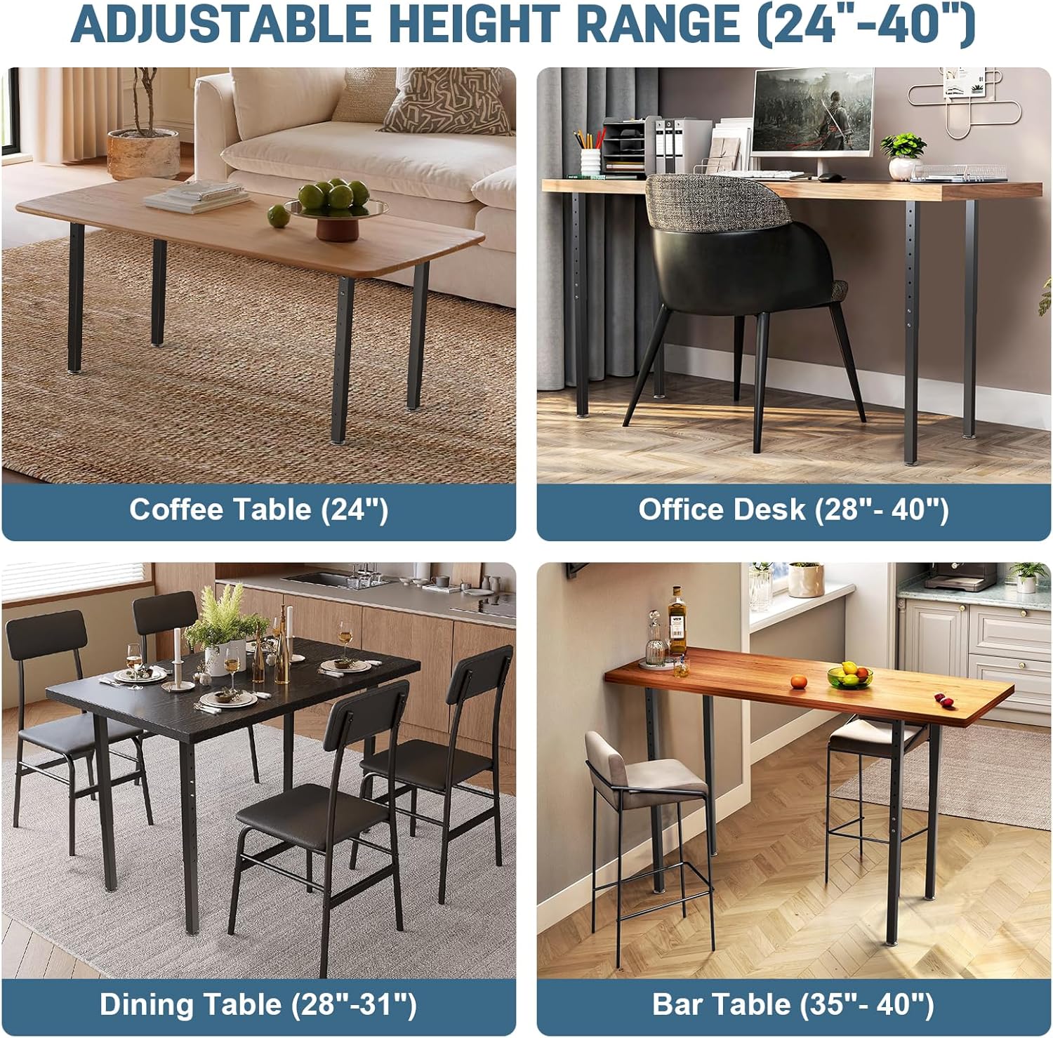 Adjustable Table Legs Set of 4, 24"- 40" Heavy Duty Square Adjustable Desk Legs, Easy DIY Installation for Computer, Dining & Work Tables, 220 LB Load Capacity Steel Black Adjustable Furniture Legs