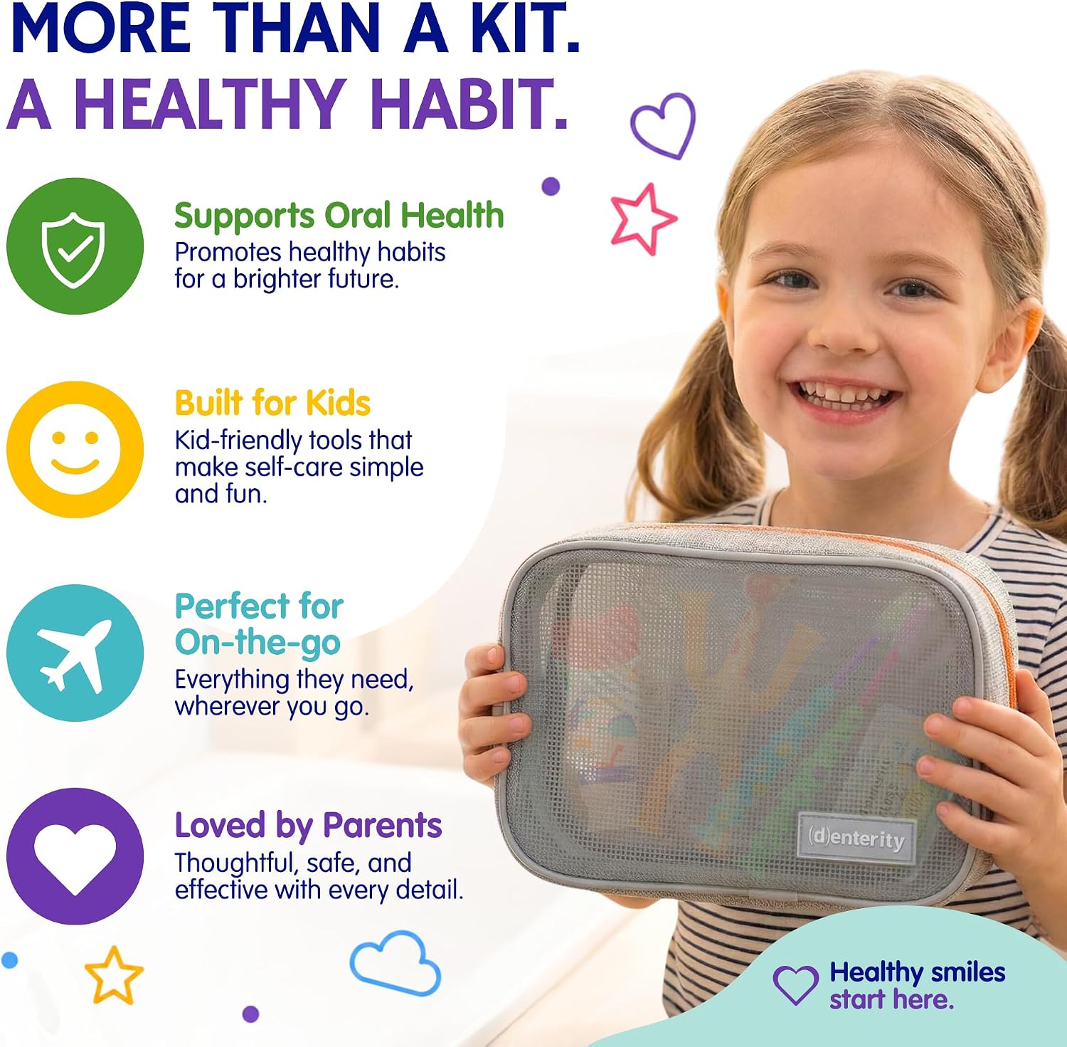 Little Smiles Kids Oral Care Kit, 9 Piece Set with Toothbrushes, Floss Picks, Waterproof Travel Pouch and Giraffe Suction Toy