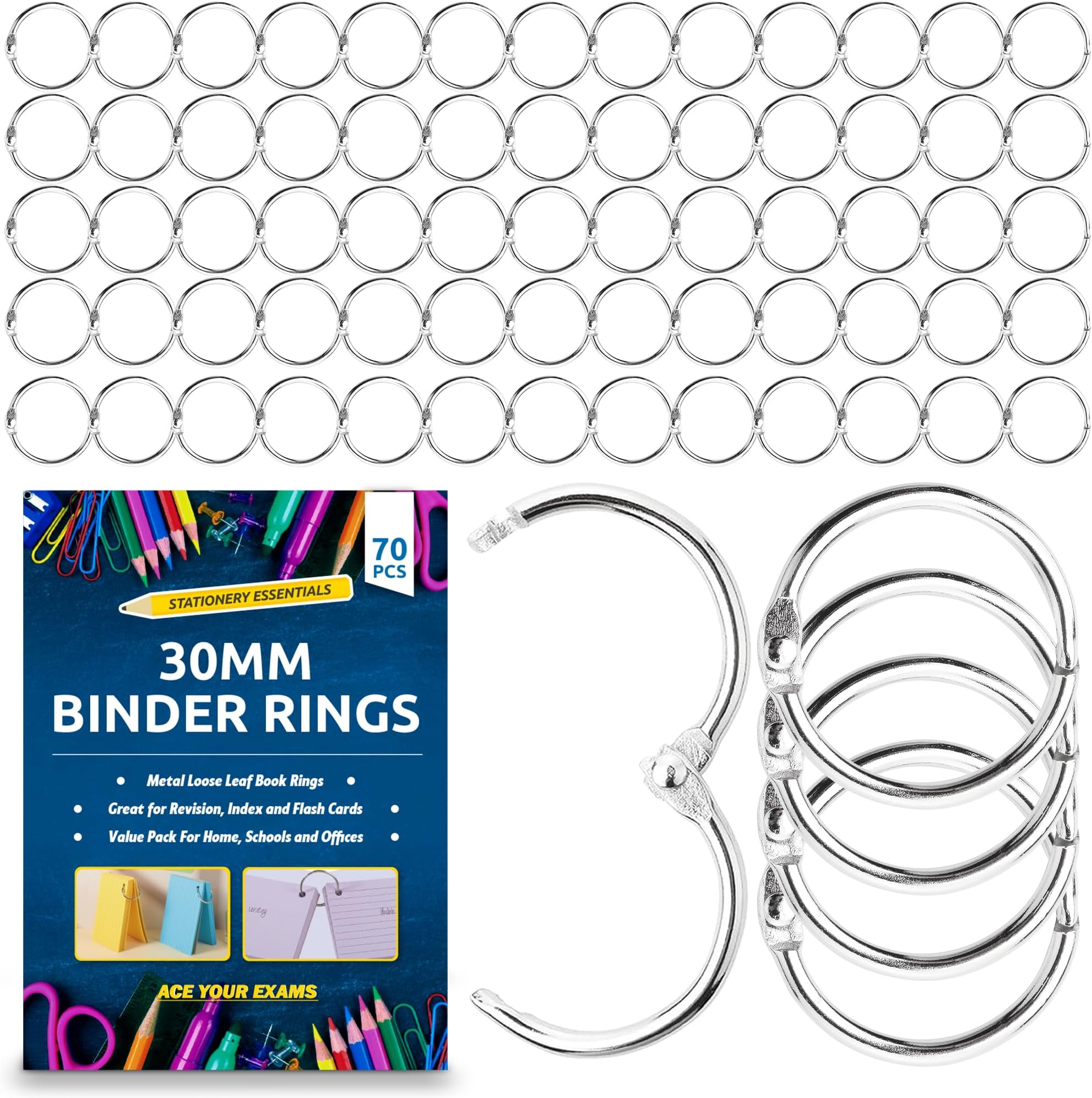 SOL 70pk 30mm Loose Leaf Binder Rings, Flash Card Rings, Metal Rings