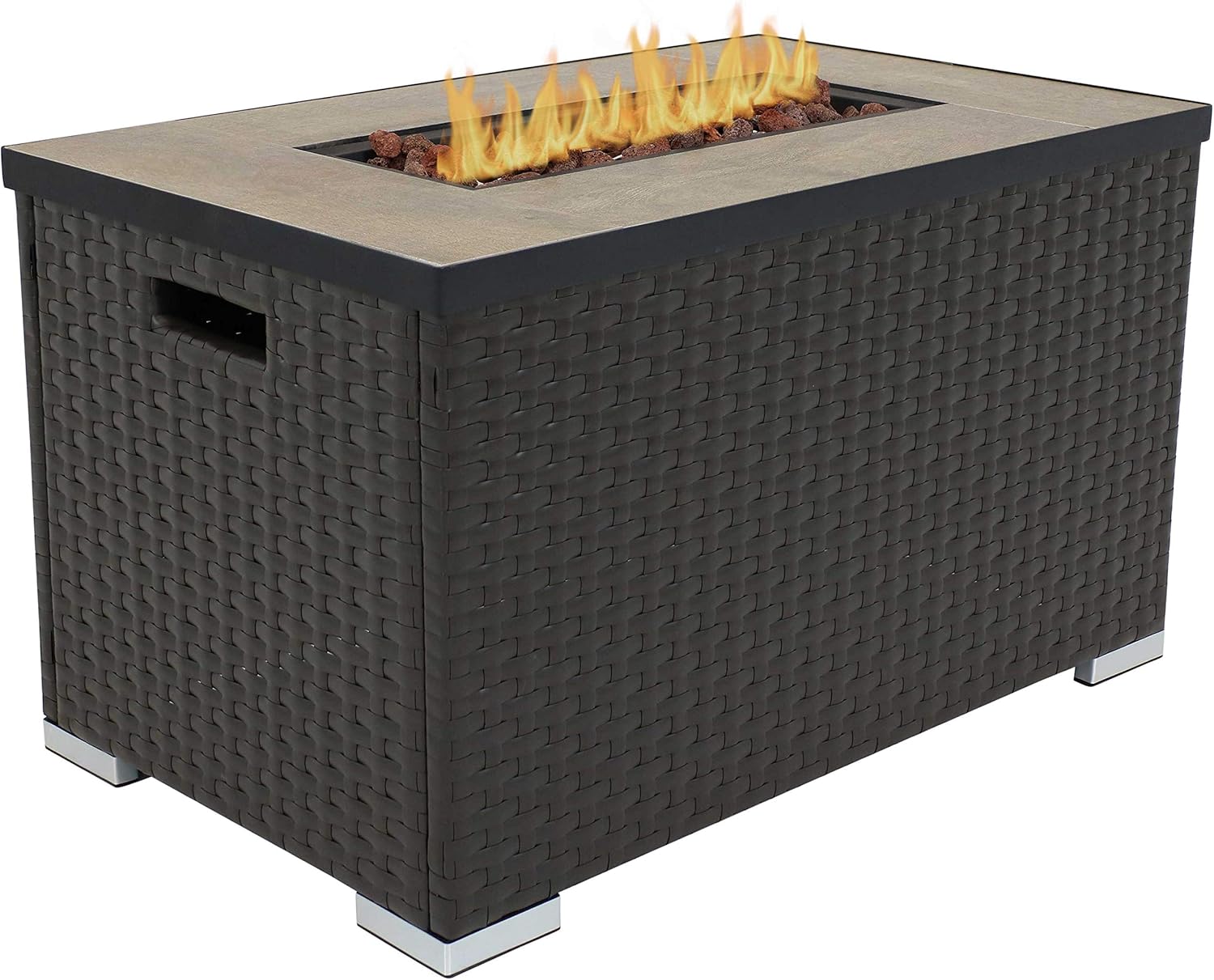 Sunnydaze Tile Top Resin Wicker Propane Gas Fire Pit Coffee Table with