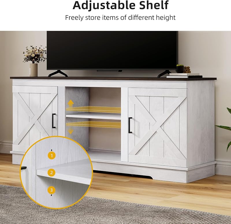 DWVO Farmhouse TV Stand for TVs up to 65, Double Barn Doors, Grey White image 4