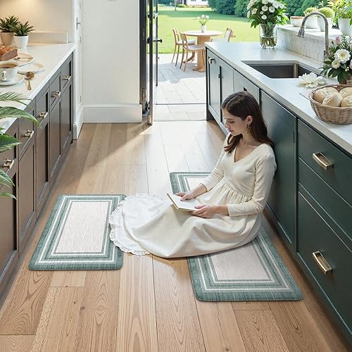 Vista 639 de KIMODE - Juego de 2 tapetes de cocina bohemios, antifatiga, antideslizantes, impermeables, ergonómicos, acolchados, cómodos, para lavandería, Caqui