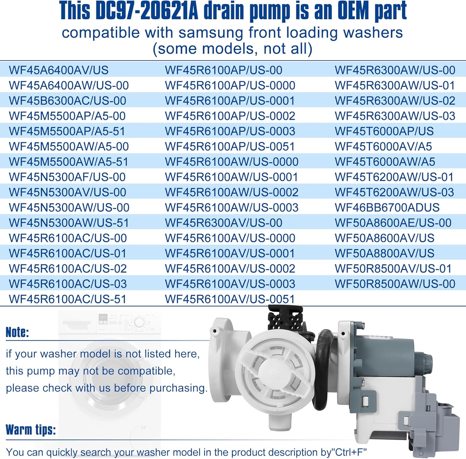 DC97-20621A Washer Drain Pump Assembly（OEM）Compatible with Samsung Washer Drain Pump Assembly Replace Number：DC97-17999N，DC31-00187A，AP6807020，PS12592830，EAP12592830，495963