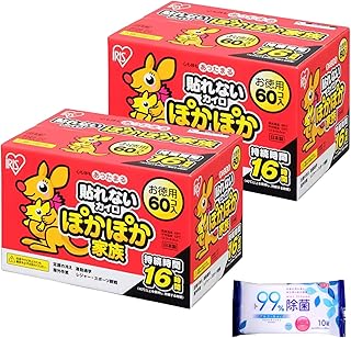 アイリス オーヤマ 貼れないカイロ 120個 （ 60個 × 2箱 ） レギュラーサイズ 日本製 持続16時間 使い捨てカイロ + 99%除菌ウエットティッシュ（10枚入り）付き