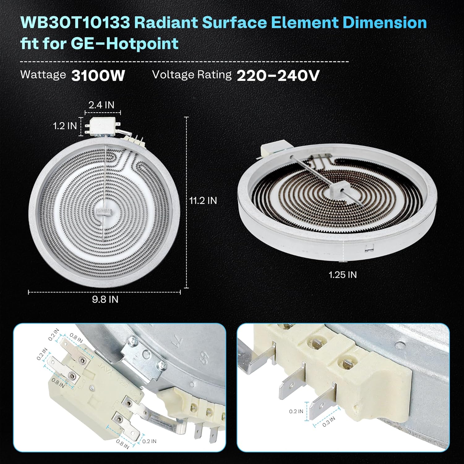 WB30T10133 Radiant Surface Element fit for GE Hotpoint Electric Range Oven Stove Cooktop Parts JB745DF1WW JB630RF1SS JD630SF1SS PS905SP2SS JBP81SM2SS EAP2321567 9in 1Pack LUXRILIX
