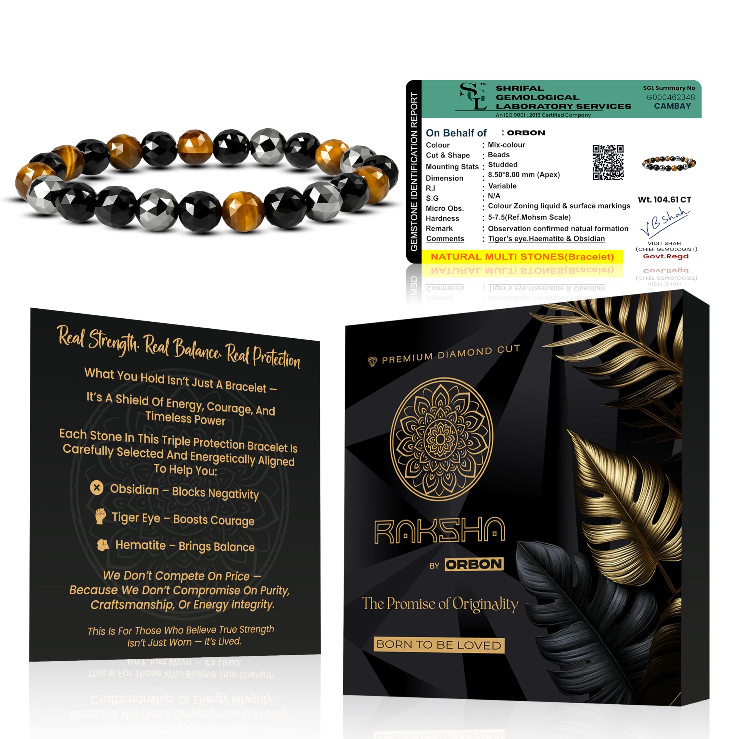 Raksha Diamond Cut Triple Protection Bracelet for Men & Women | Tiger Eye, Black Obsidian & Hematite Crystal Bracelet | AAA-Quality 8 mm Faceted Beads | Activation Card & Authenticity Certificate-image-28