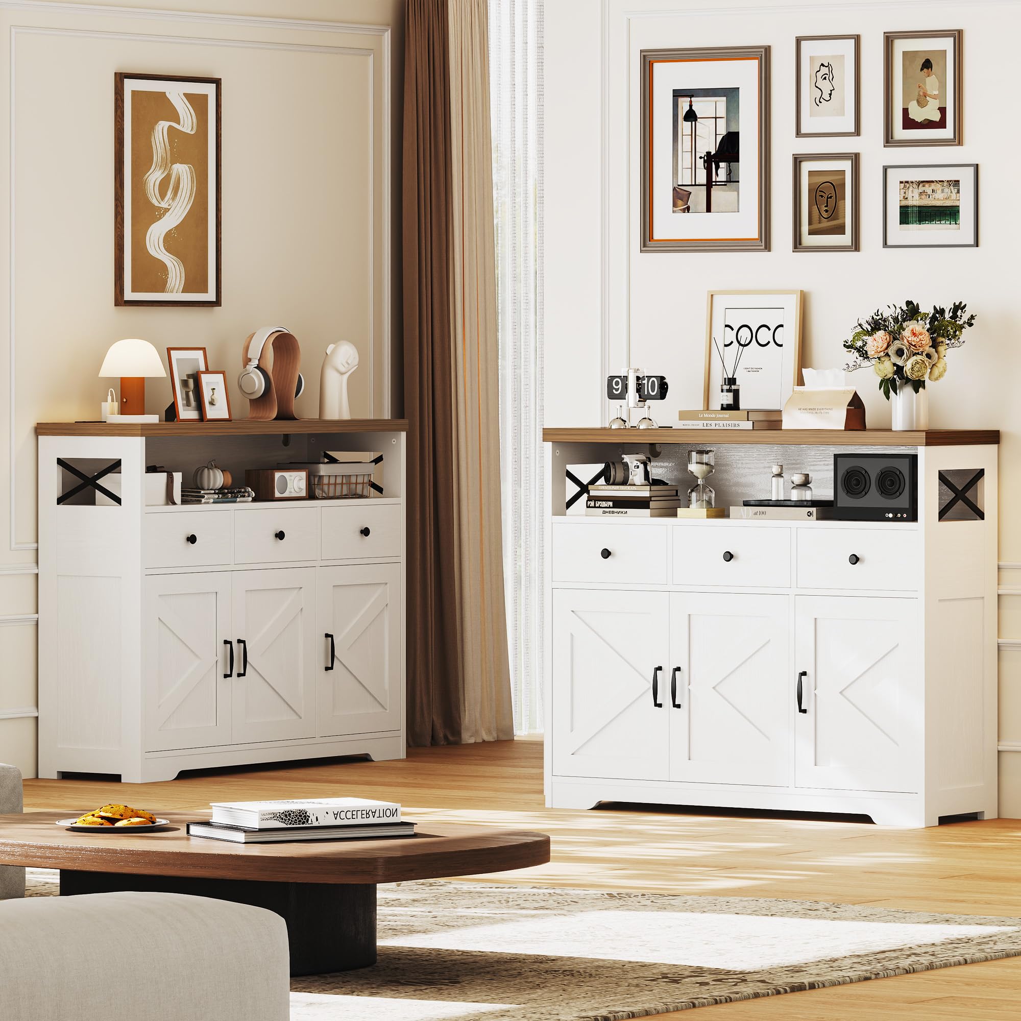 IRONCK Küchenschrank Sideboard mit Steckdose 2AC+1USB+1C, Aufbewahrungsschrank 3 Schubladen 3 Türen, Küchenbuffet Kaffeebar Schrank für Wohnzimmer Esszimmer, verstellbare Ablage 107x35x95cm (Weiß)