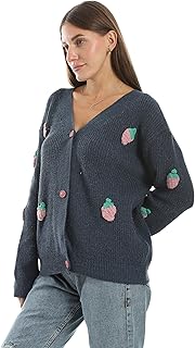 كارديجان صوف قصير للنساء مطرز بأزرار شكل الفراولة مع أزرار في الأمام من سيزر