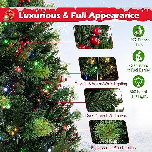 Miniatura 4 de Goplus Árbol de Navidad artificial preiluminado de 8 pies, árbol de Navidad con bisagras con 1272 puntas de ramas de PVC y agujas de pino, 500 luces
