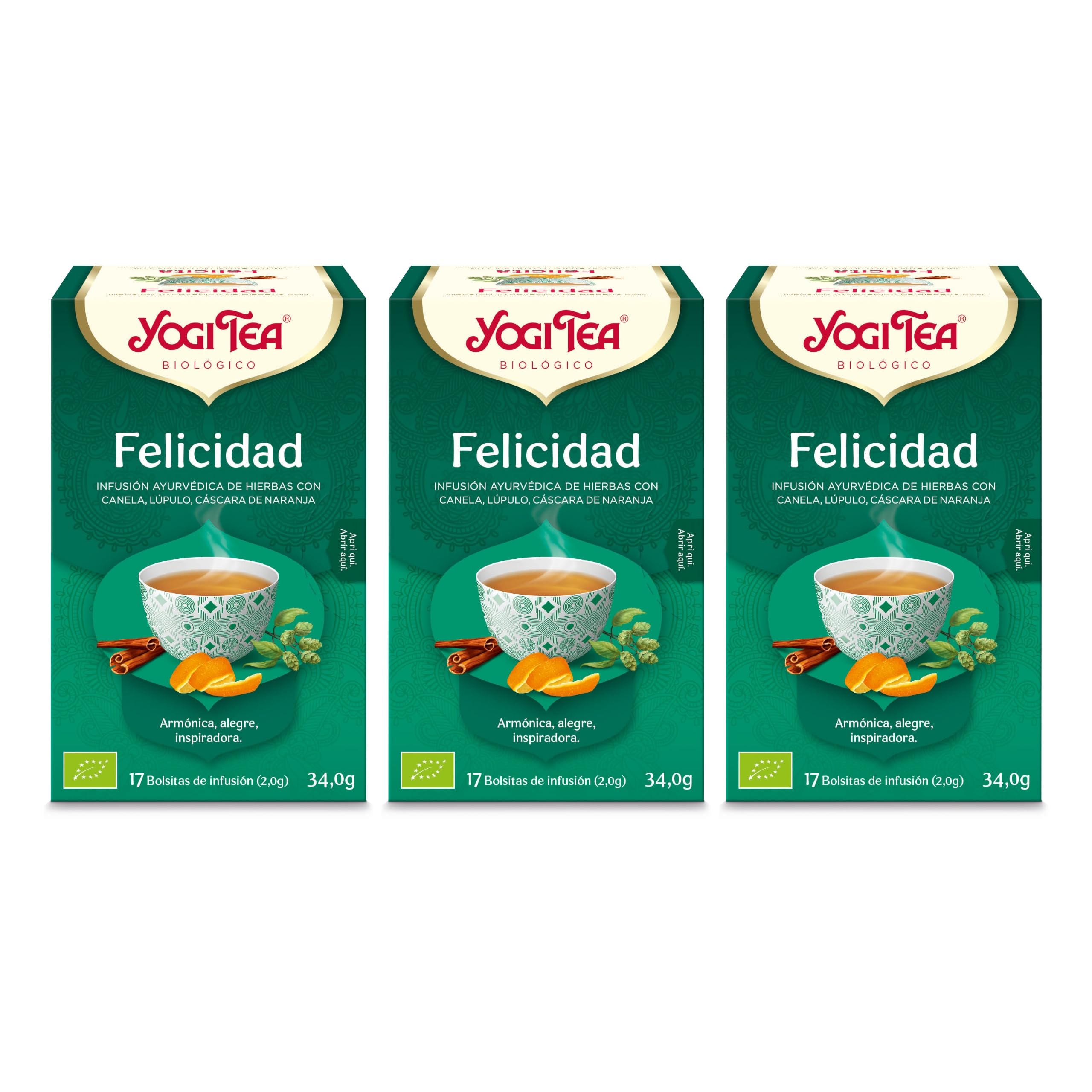Yogi Tea - Felicidad - Infusión Ayurvédica - Mezcla de Canela, Lúpulo y Cáscara de Naranja - Pack de 3x17 bolsitas (51 en total)