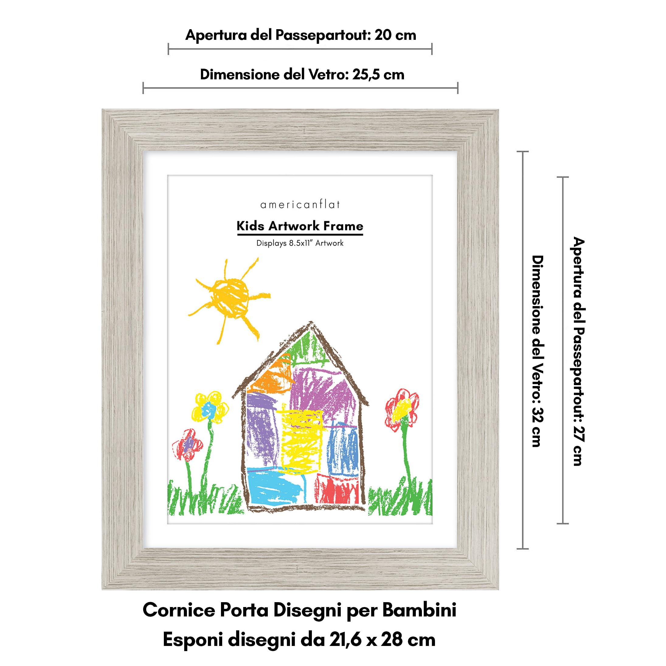 Americanflat Cornice Porta Disegni per Bambini (Legno di Mare) - Cornice A4 con Passepartout e 25x32 cm Senza Passepartout - Cornice Apribile per Disegni Bambini con Vetro Infrangibile, Pacco da 2