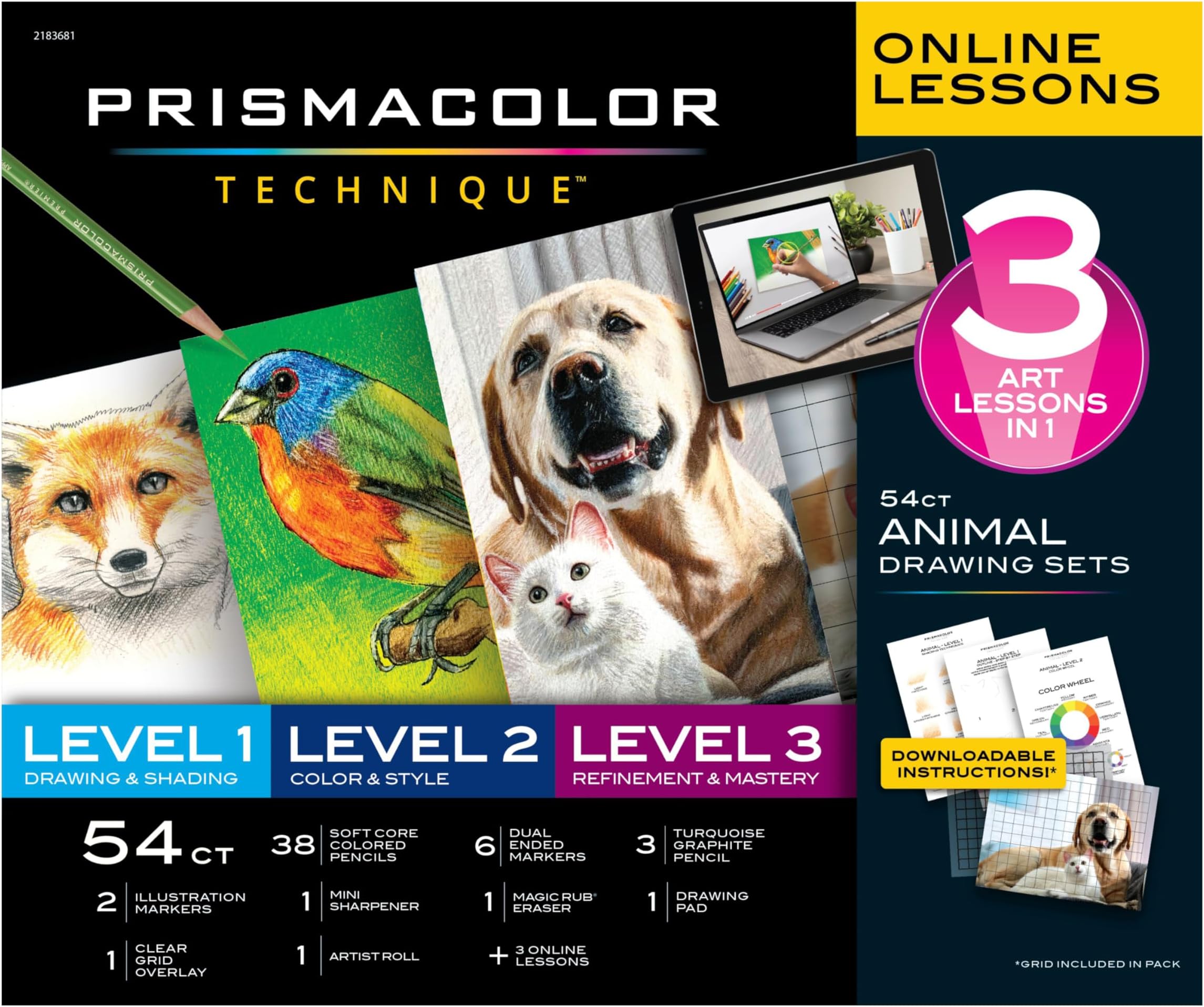 Technique Art Supplies and Digital Art Lessons Animal Drawing Set Bundle Levels 1-3 Adult Coloring 54 Count