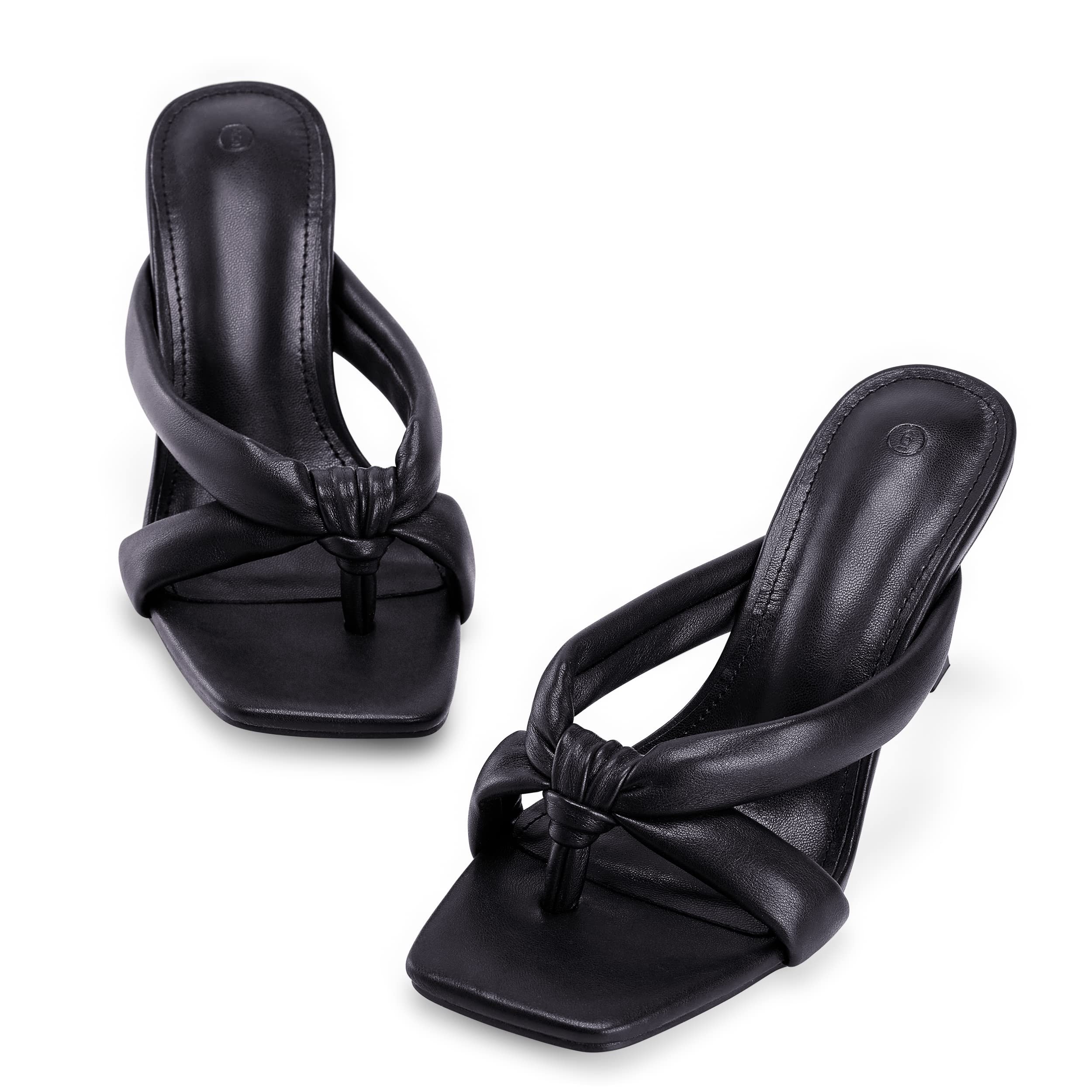 Coutgo Womens Thong Heels Mules Square Toe Heeled Flip Flops Mule Sexy Stiletto Dress Party Sandals