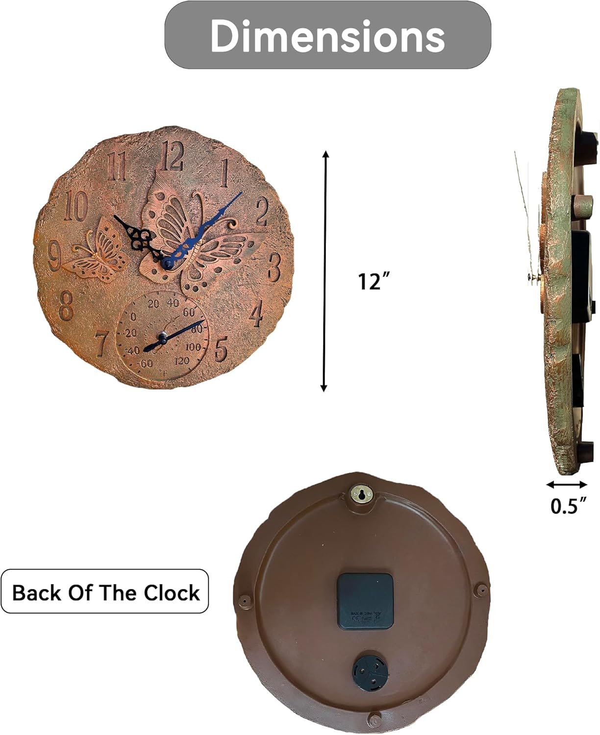 Lily's Home Hanging Wall Clock, Includes a Thermometer, Ideal for Indoor and Outdoor Use, Wonderful Housewarming Gift for Friends, or for Any Butterflies Lovers, Polyresin