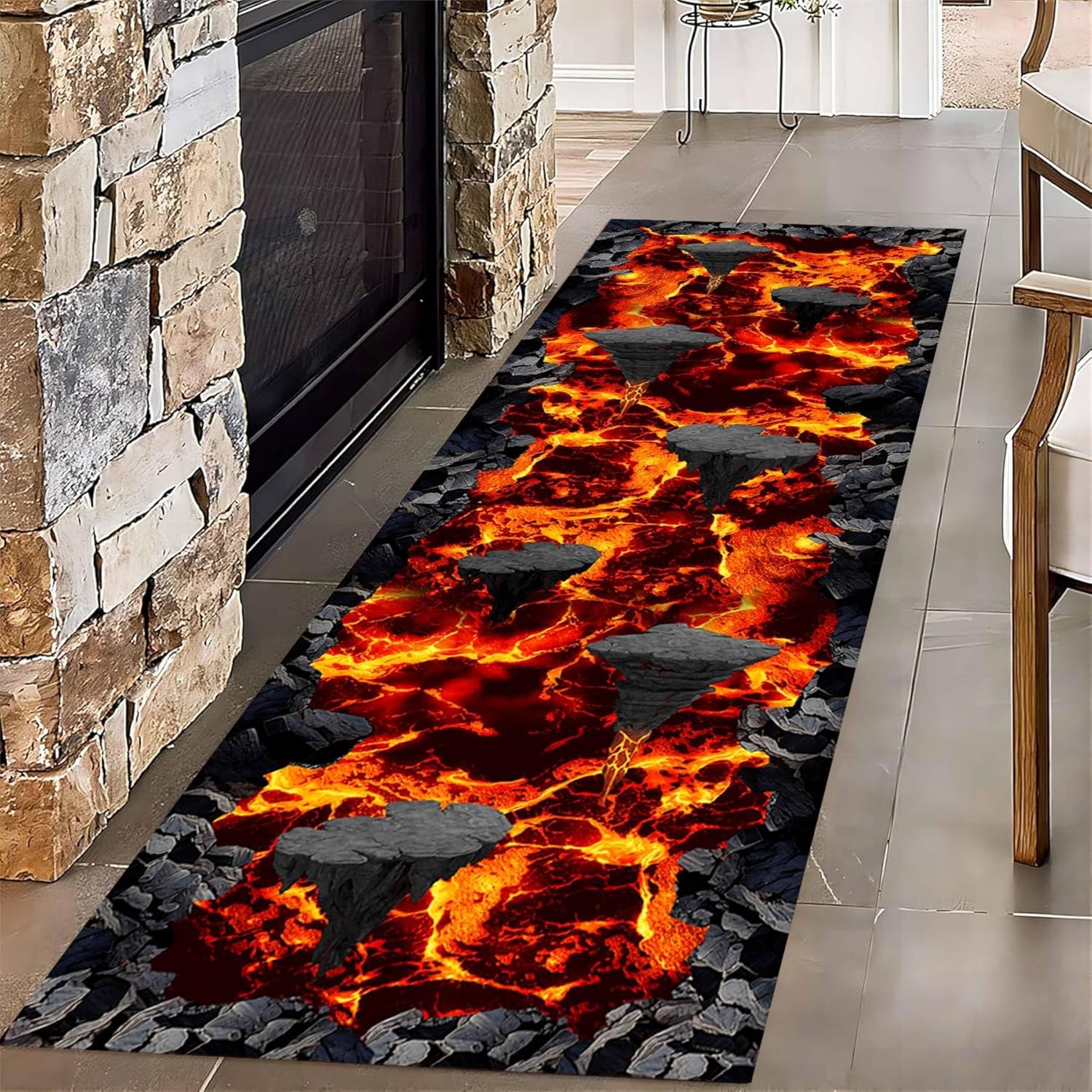 3D Flame Lava Rug Carpet Runners for Hallway 2x6ft Optical Illusion Abstract Lava Long Kitchen Rug Grey Rock Cracks Stone Long Runner Rug for Entryway Indoor Bedside Runner Rug