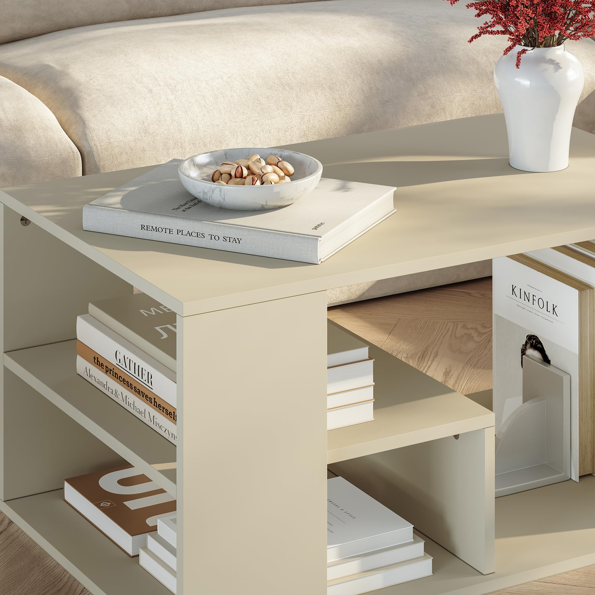[en.casa] Couchtisch Antaa Wohnzimmertisch 80 x 50 x 40 cm Sofatisch mit Stauraum Beistelltisch rechteckig Kaffeetisch Sandfarben