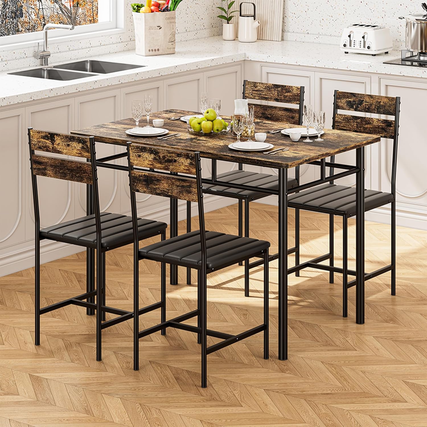 Kitchen Table Chairs Set of 4, 5-Piece Modern Dining Table Set with Upholstered Padded Chairs, Kitchen Table and Chairs for Small Space, Apartment, Rustic Brown