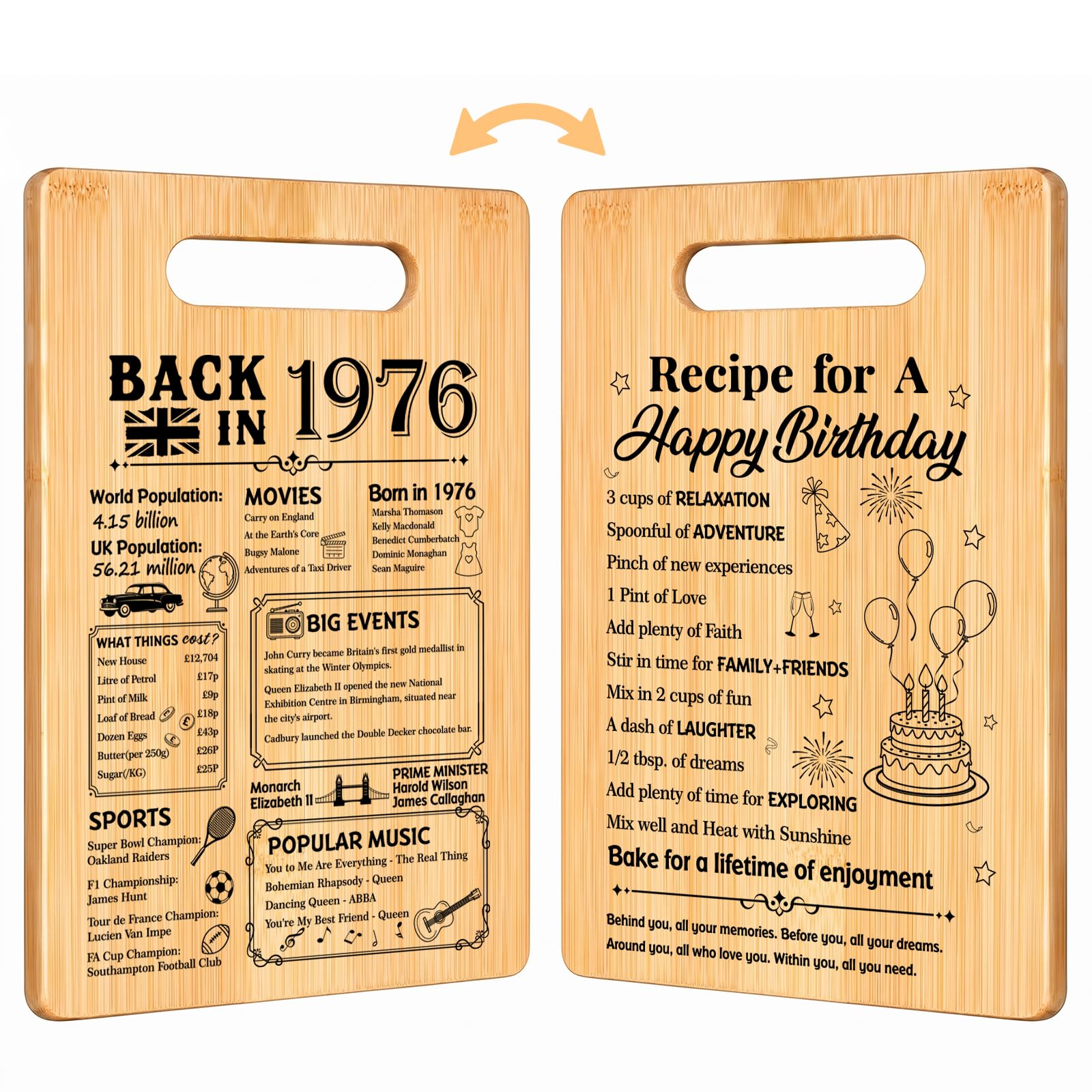 Giftota Back in 1976 Chopping Board – 50th Birthday Gift for Men & Women, Bamboo Cutting Board Double Sided with Card – Kitchen Birthday Present for Dad, Mum, Husband, Wife & Friend