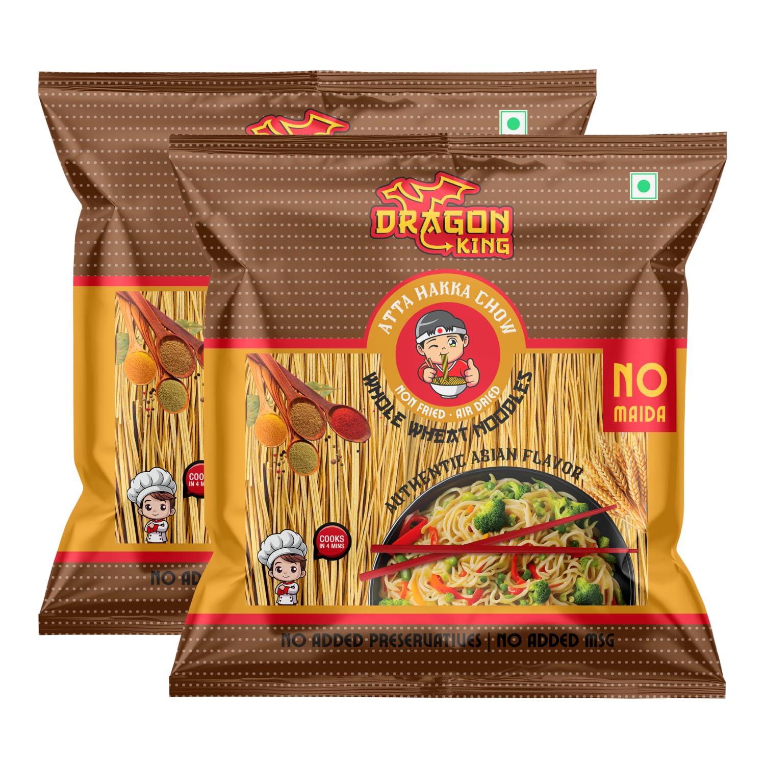 Dragon King 100% Atta Whole Wheat Hakka Noodles | No Maida | 100% Whole Wheat | Non Fried, Air Dried | No Palm Oil | No MSG | Serves 8-10 Meals, 700g (Pack of 2) Dragon King 100% Atta Whole Wheat Hakka Noodles | No Maida | 100% Whole Wheat | Non Fried, Air Dried | No Palm Oil | No MSG | Serves 8-10 Meals, 700g (Pack of 2)