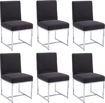 BESTANO Mid Century Modern Dining Chairs Set of 6, Linen Upholstered Dining Chairs with Polished Chrome Finish Metal Frame, Kitchen & Dining Room Chairs Armless Side Chairs, Charcoal