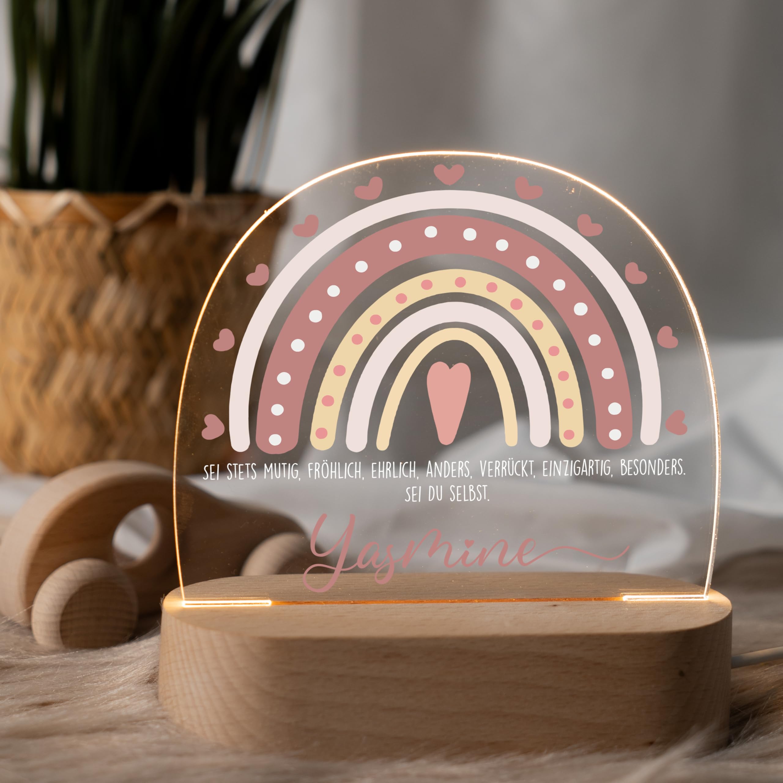 Kidsmood Nachtlicht Baby Holz - Personalisierte Nachttischlampe Kinder mit Namen, LED dimmbar, GREENGUARD - Stilllicht & Babyzimmer Deko, Geschenk Geburt, Taufe Mädchen Jungen [Rosa Regenbogen]