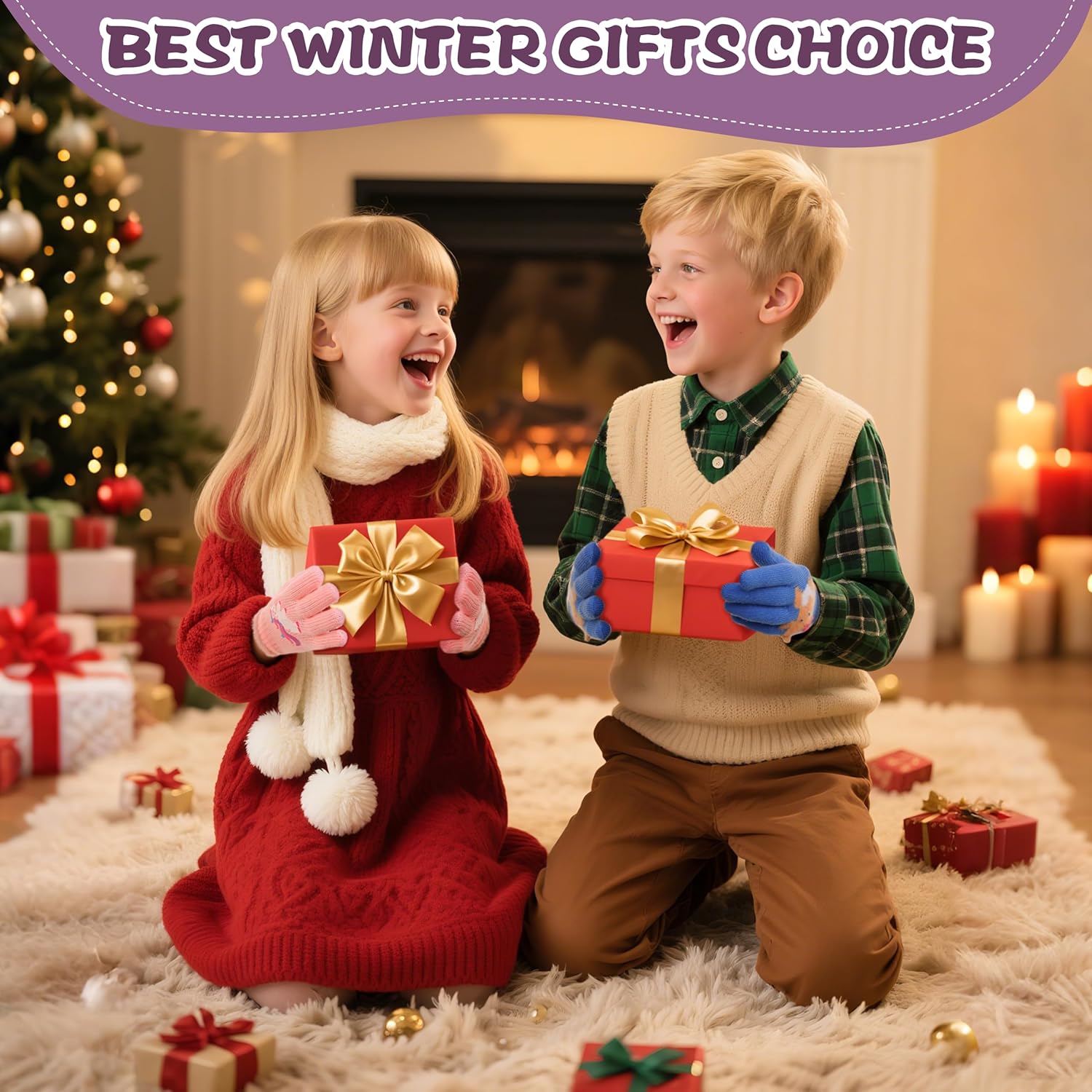 FENELY 3 Pairs Kids Winter Knit Gloves - Stretchy Full Finger Fluffy Warm for Boys Girls Toddler 4-7-12 Years - Image 4