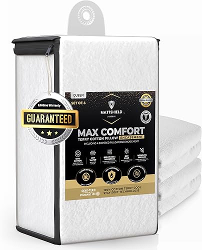 MATTSHIELD - Juego de 4 protectores de almohada a prueba de insectos para cama con micro cremallera, tamaño Queen, superficie de rizo 100% algodón,