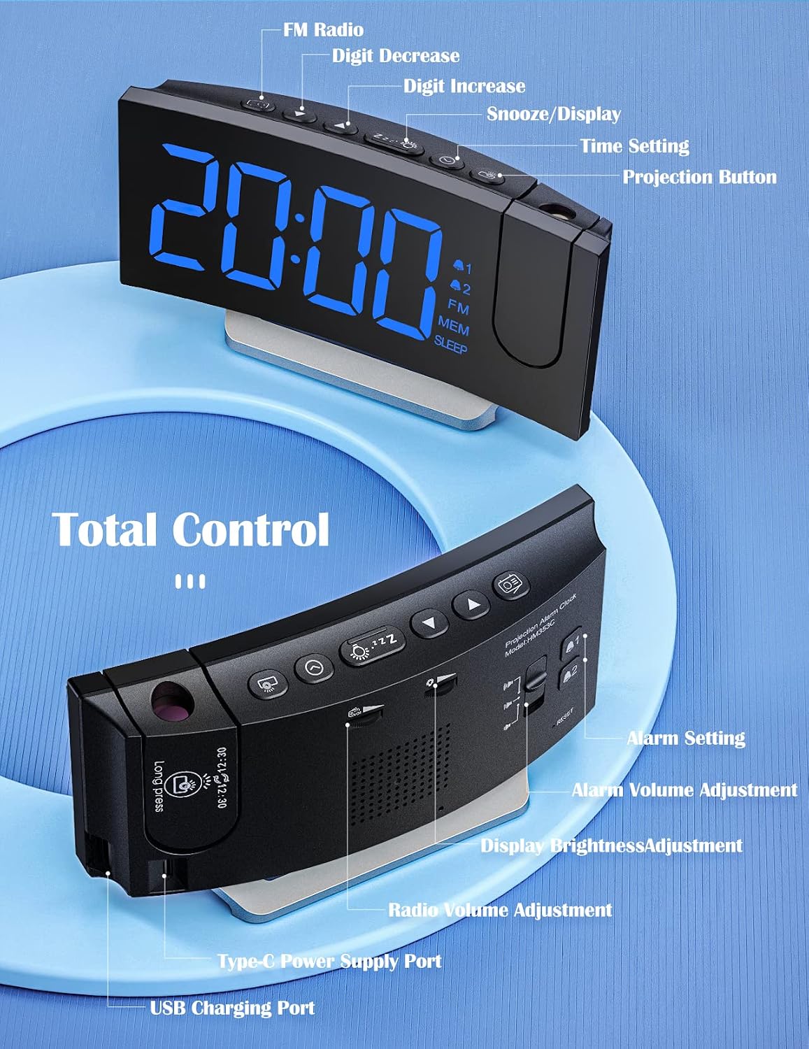 Alarm Clock Radio, Digital Clock with 0-100% Dimmer and Projection on Ceiling, Large Display, Dual Alarms, USB Charger, 5 Alarm Sounds and Adjustable Volume, Digital Alarm Clock for Bedroom, Snooze