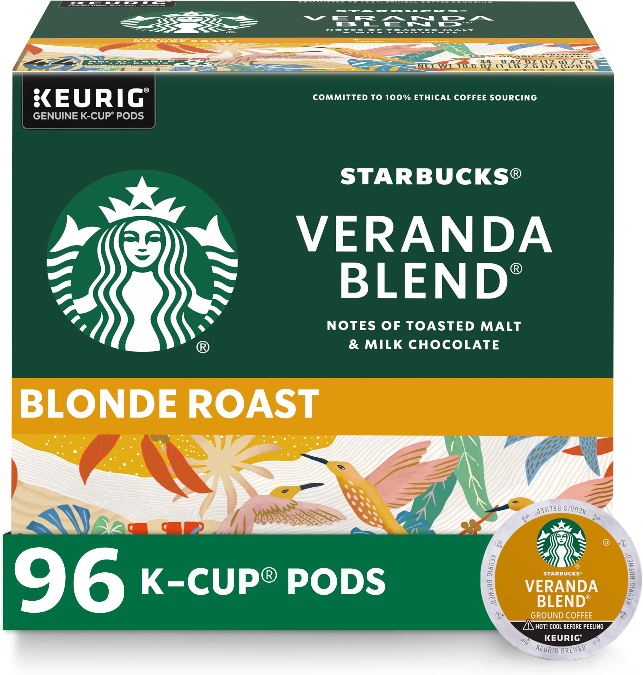 Starbucks K-Cup Coffee Pods, Starbucks Blonde Roast Hot or Iced Coffee, Veranda Blend, 96 Keurig Pods
