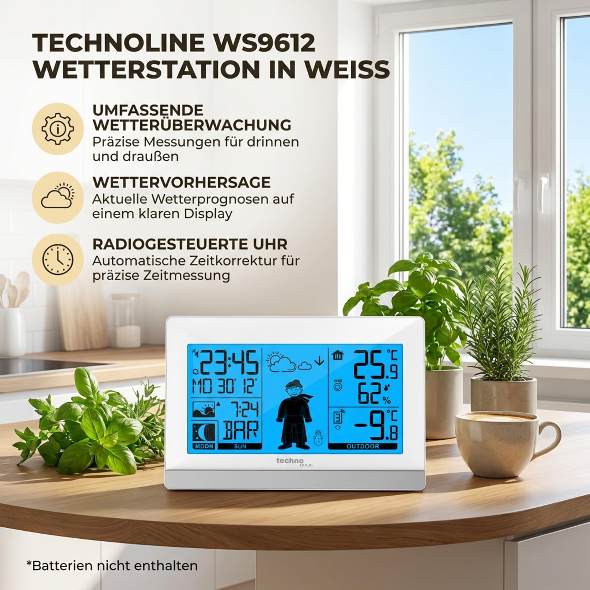 Technoline WS9612 w kolorze białym, z temperaturą wewnętrzną i zewnętrzną, prognozą pogody, zegarem radiowym