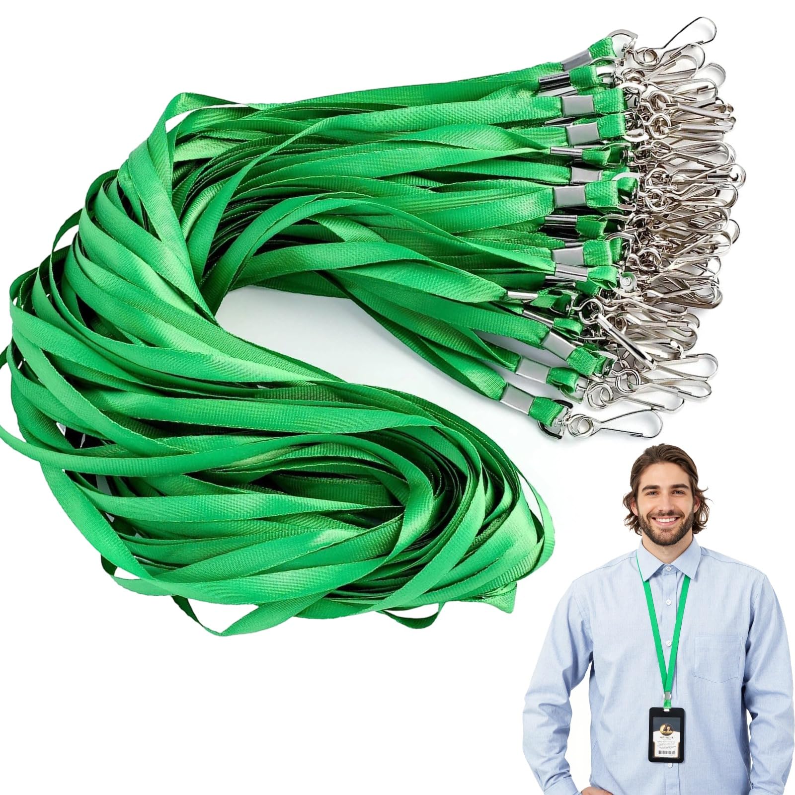 50 cordones verdes para tarjetas de identificación, paquete grande con gancho giratorio, cinta de poliéster de alta densidad, ligera y cómoda para oficina, escuela y eventos, uso diario