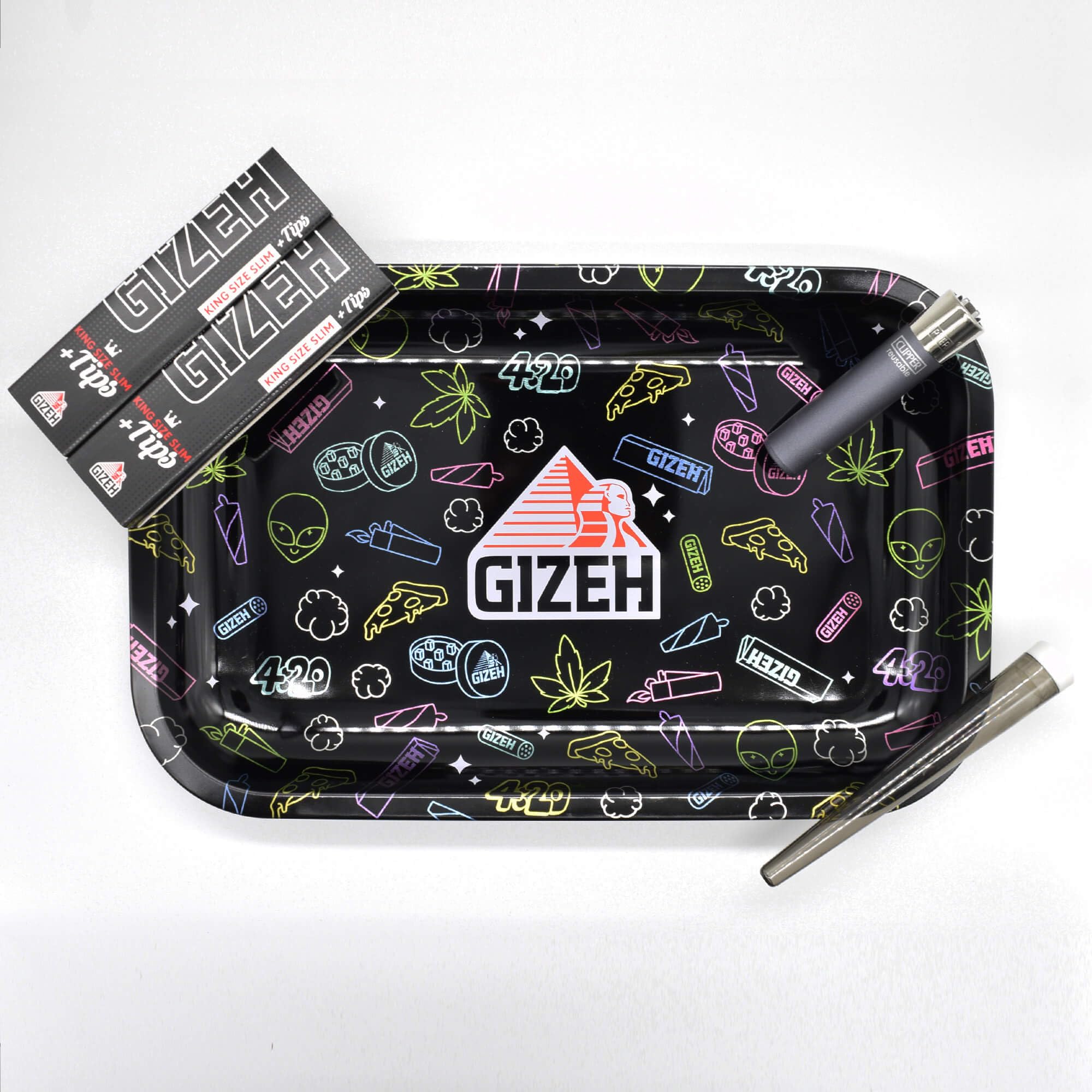 GIZEH Comic Mix Black Large Rolling Tray Set - Mischeschale Stoner Kit/Kiffer Box mit Feuerzeug, Longpapers, Filter Tips und Joint Tube - perfektes Kiffergeschenk!