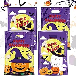 40 Pcs Happy Halloween Treat Bags With Handles - Assorted Trick-or-Treat Goodie Bags, Party Favor Plastic Candy Container, Cute Ghost Pumpkin Design for Classroom Decorations