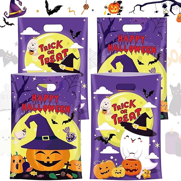 40 Pcs Happy Halloween Treat Bags With Handles - Assorted Trick-or-Treat Goodie Bags, Party Favor Plastic Candy Container, Cute Ghost Pumpkin Design for Classroom Decorations