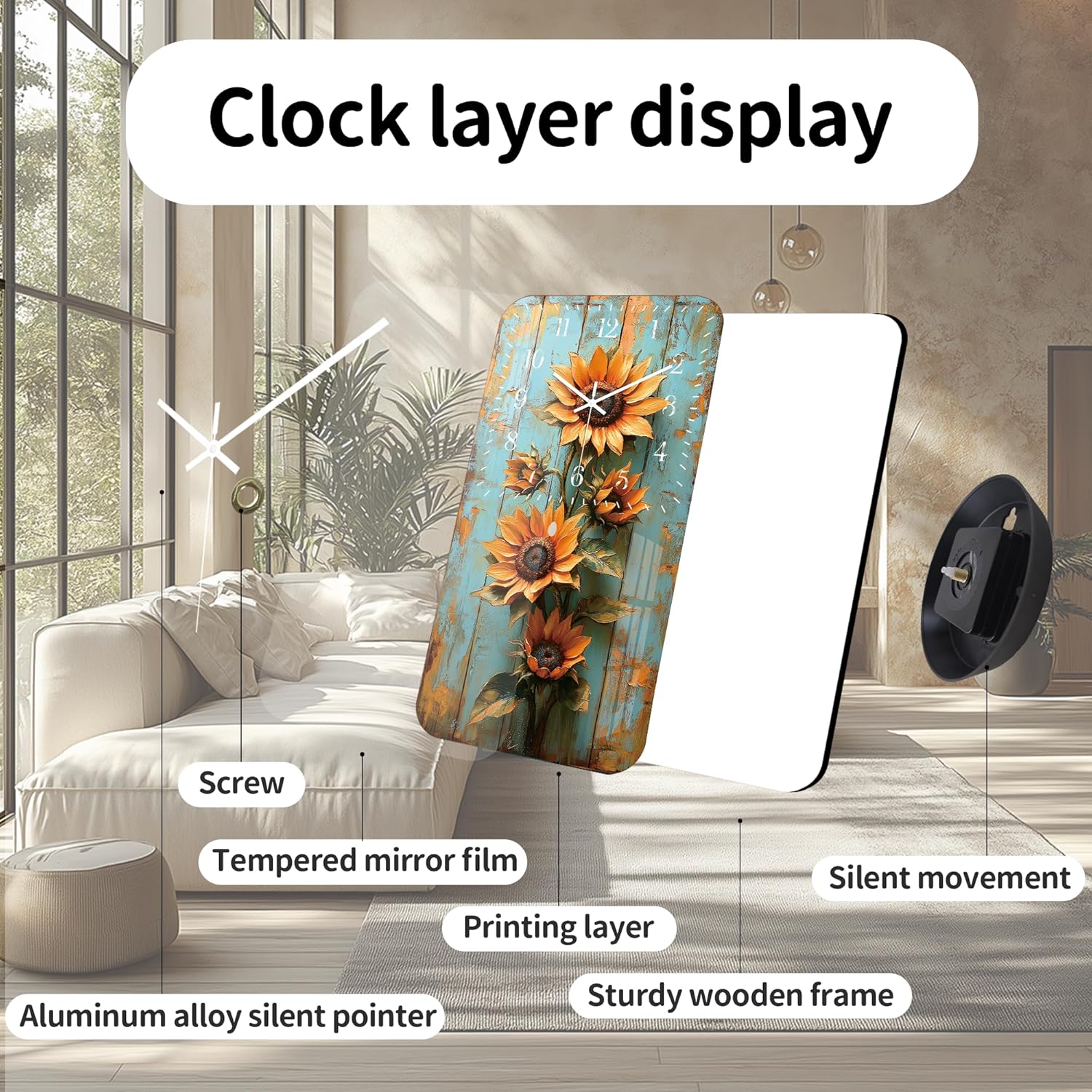 Large Sunflower Wall Clocks for Living Room Decor - 24 Inch Kitchen Wall Clocks Battery Operated - Silent Wall Clock Non Ticking for Bedroom Office Home Decor