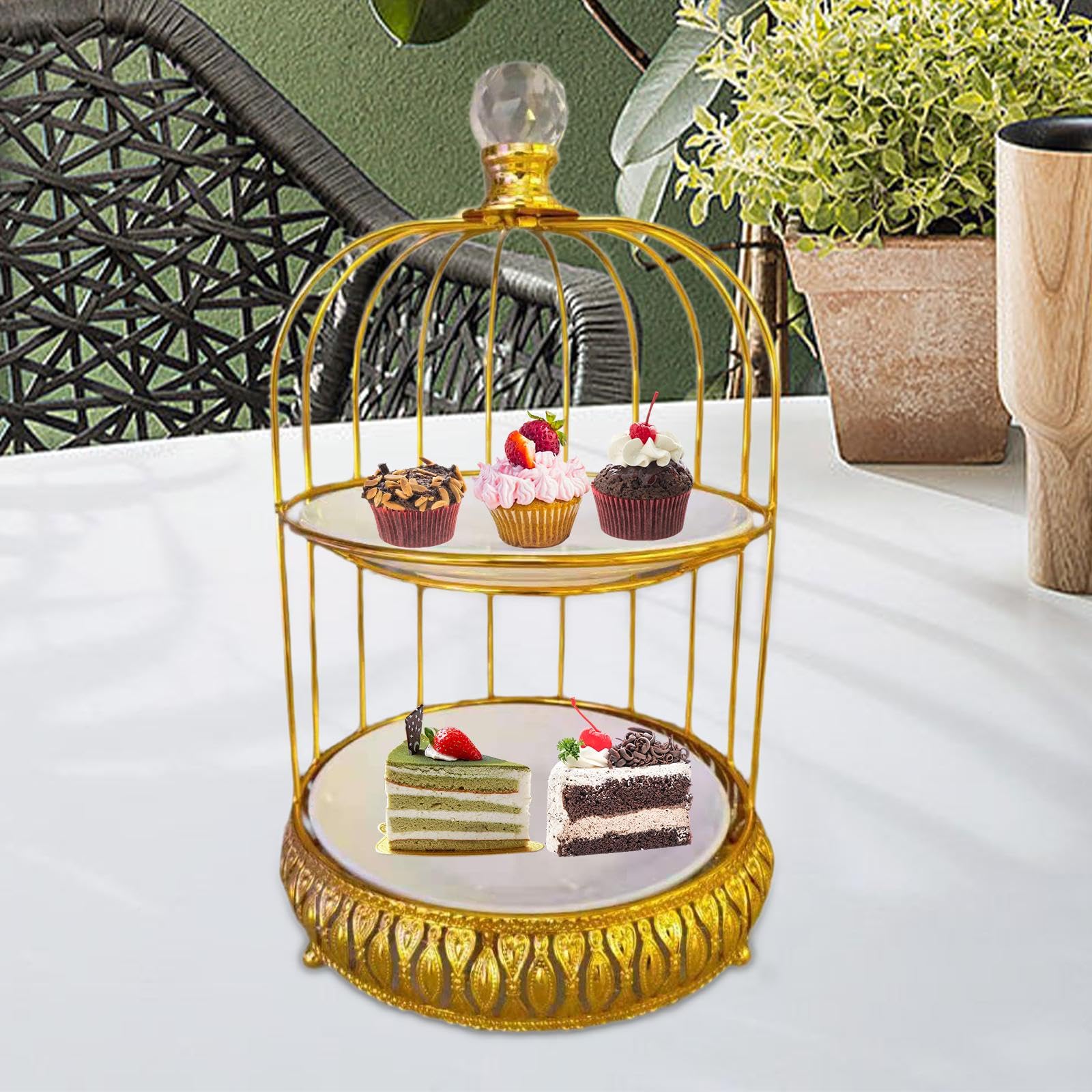 Soporte para Pasteles Y Postres con Forma de Jaula de Pájaros, Soporte para Platos de Dulces, Soporte para Cupcakes para Celebraciones en El Hogar, Ba, Doble Capa, Individual