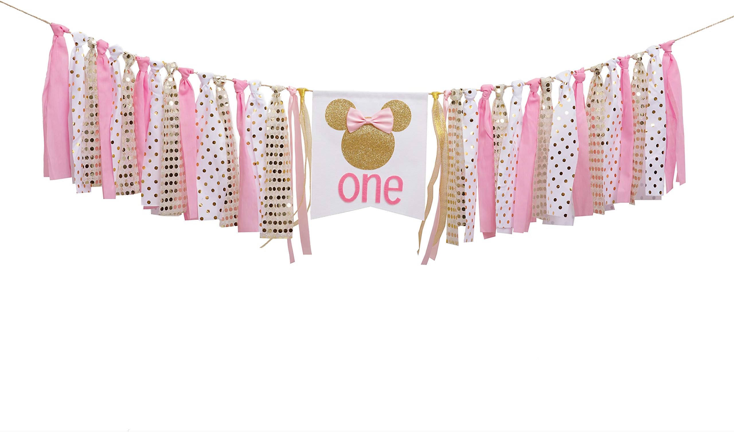 Pink and gold Minnie birthday banner pink and gold highchair banner pink and gold Minnie birthday decorations Girl 1st Birthday Photo Props Decoration Baby Shower pink and gold Decor